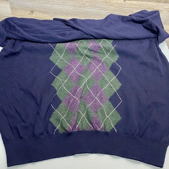 John Ashford Sweater Mens XXL Merino Wool Blue Argyle V-Neck Italy Golf Vintage - Picture 5 of 8